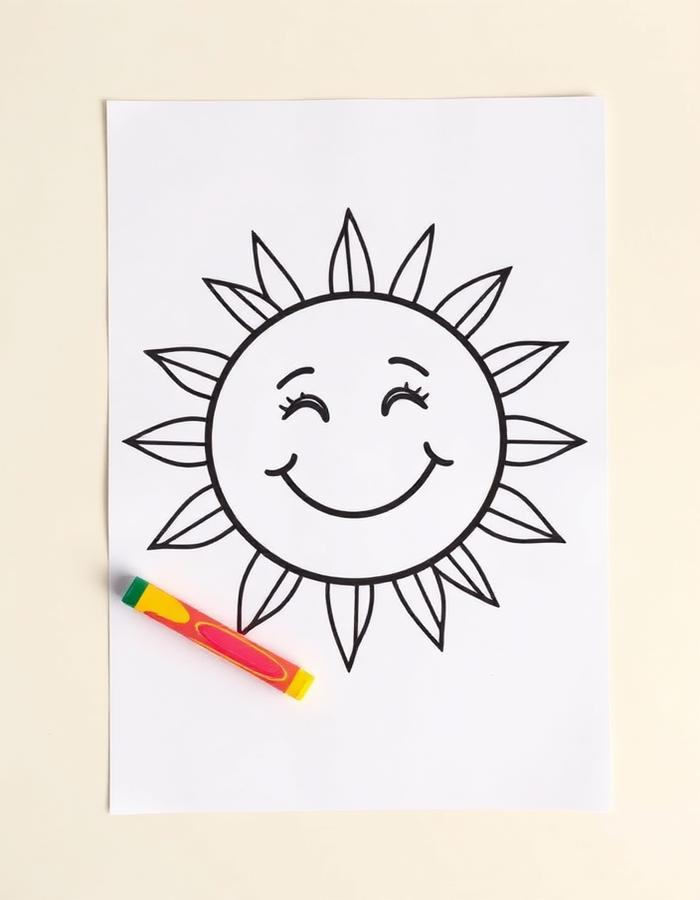 Folha do material com um sol de traço grosso sendo pintado
