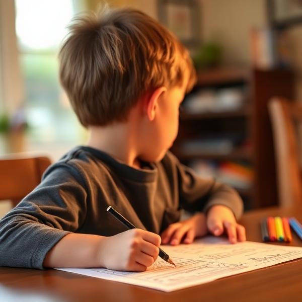 Menino sentado à mesa colorindo uma folha impressa com lápis de cor